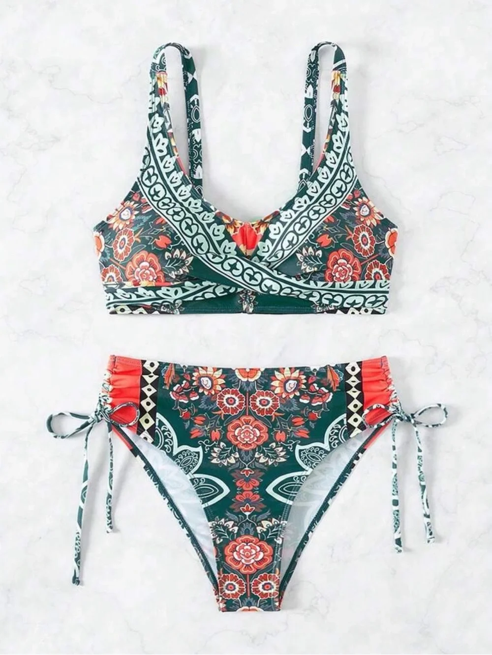 Teal Floral High-Waist Bikini Set - Women Swim